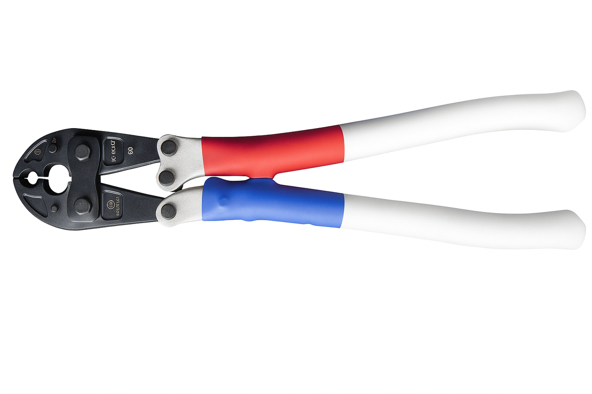 Mechanical crimping tool with red and blue rubber grips, designed for W-Die compatibility and 9,000 lbs crimping force.