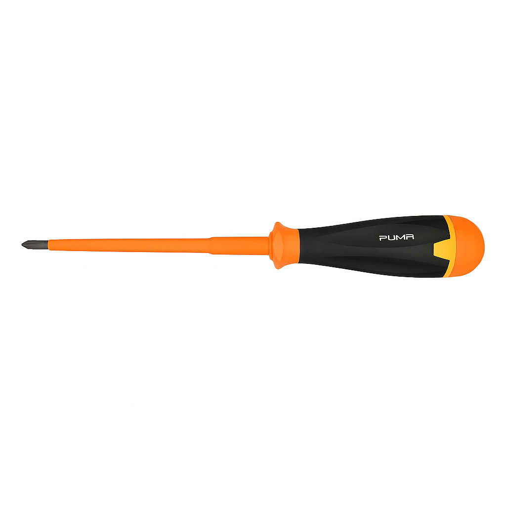 Insulated Phillips screwdriver with a black and orange handle, rated for 1000V, ideal for electrical work.