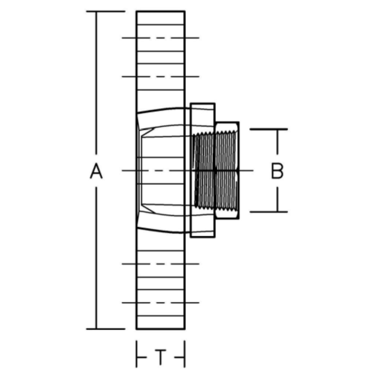 HDPE blind flange with female NPT connection, featuring detailed dimensions for precise installation.