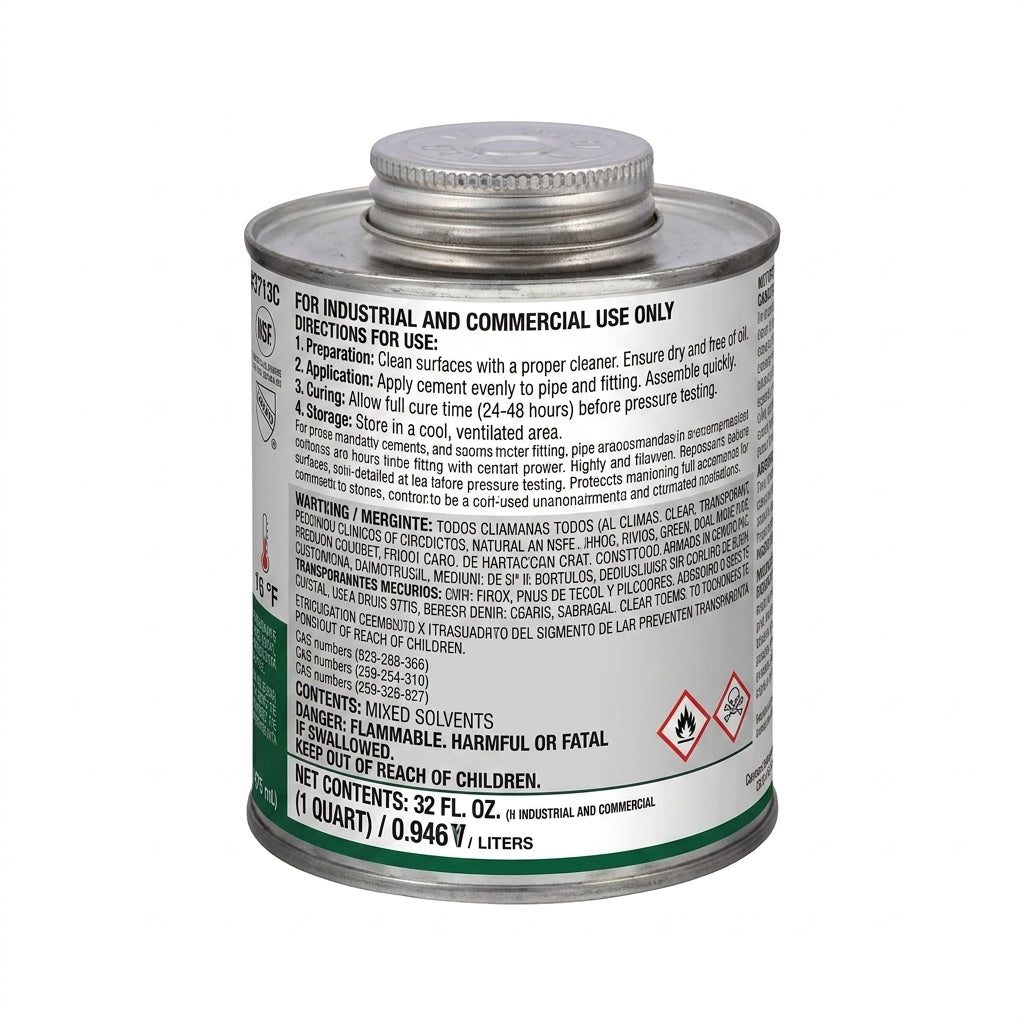 Oatey 31133 PVC cement 32 oz can, back label with directions and warnings