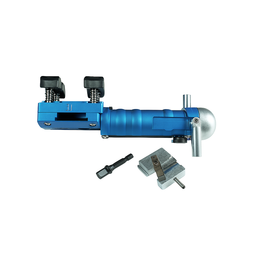Low voltage cable preparation tool designed for cables with diameters from 0.4 to 2.0 inches, featuring adjustable clamps.