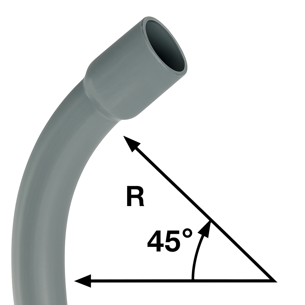 PVC 45-degree sweep elbow with bell end, designed for efficient underground utility piping connections.
