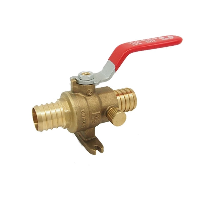 PEX ball valve with drain, 5009ABD series, featuring barb connections and a red lever for easy operation.