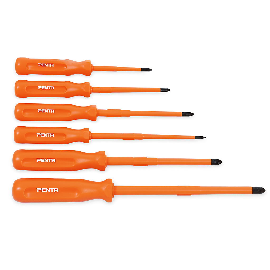 Set of five insulated Phillips screwdrivers with slim tip blades, featuring durable injection molding construction.
