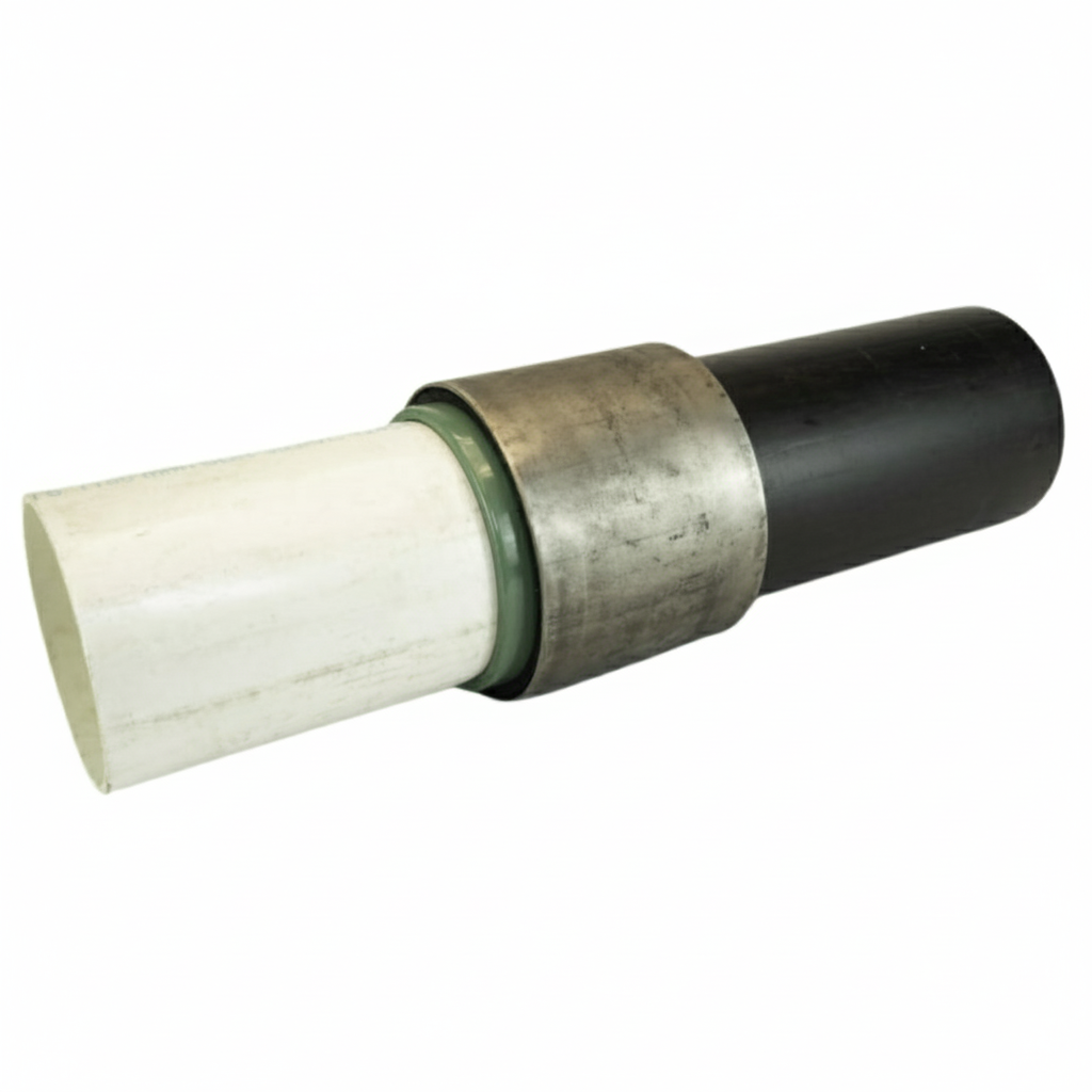 Series 731 transition fitting for connecting PVC and HDPE Schedule 35 pipes, featuring a durable metal coupling.