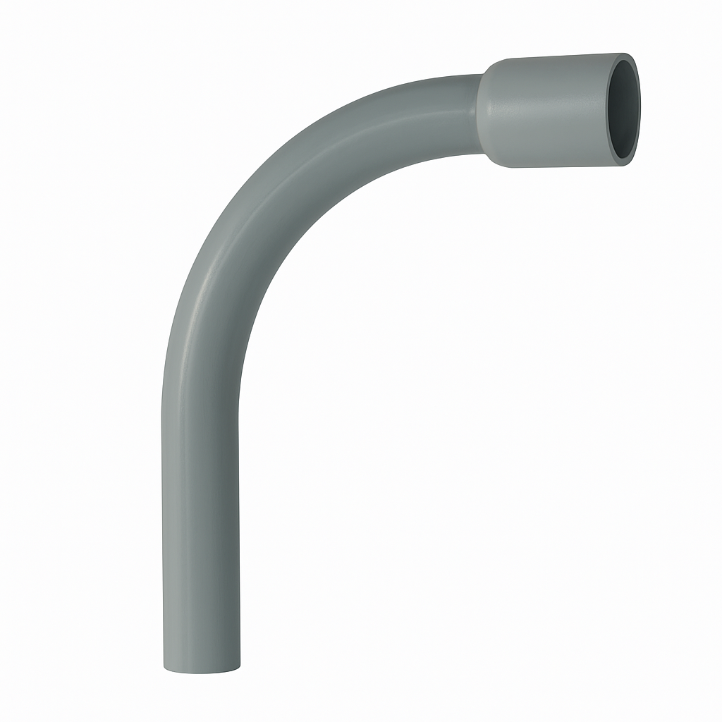 Schedule 80 PVC elbow fitting with a 90-degree special radius for efficient underground utility connections.