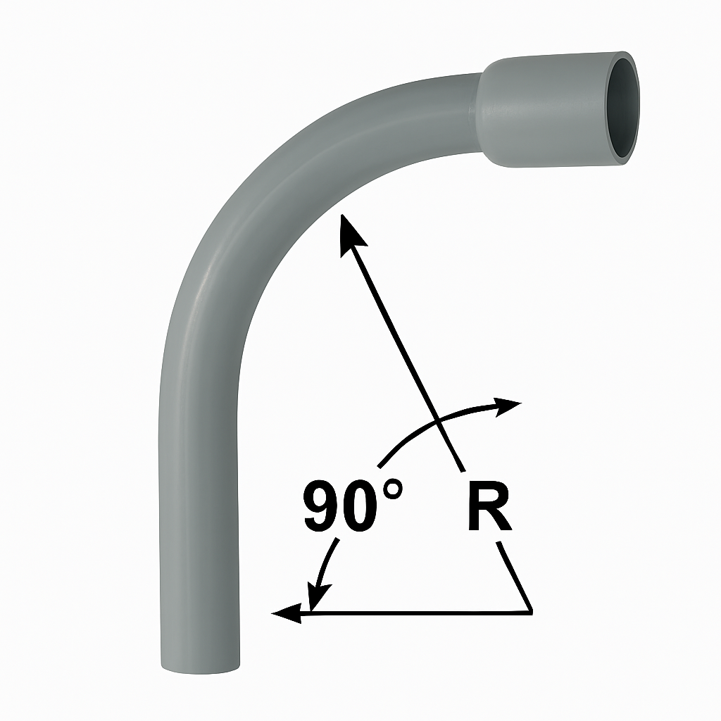 Schedule 80 PVC elbow fitting with a 90-degree special radius for efficient underground utility connections.