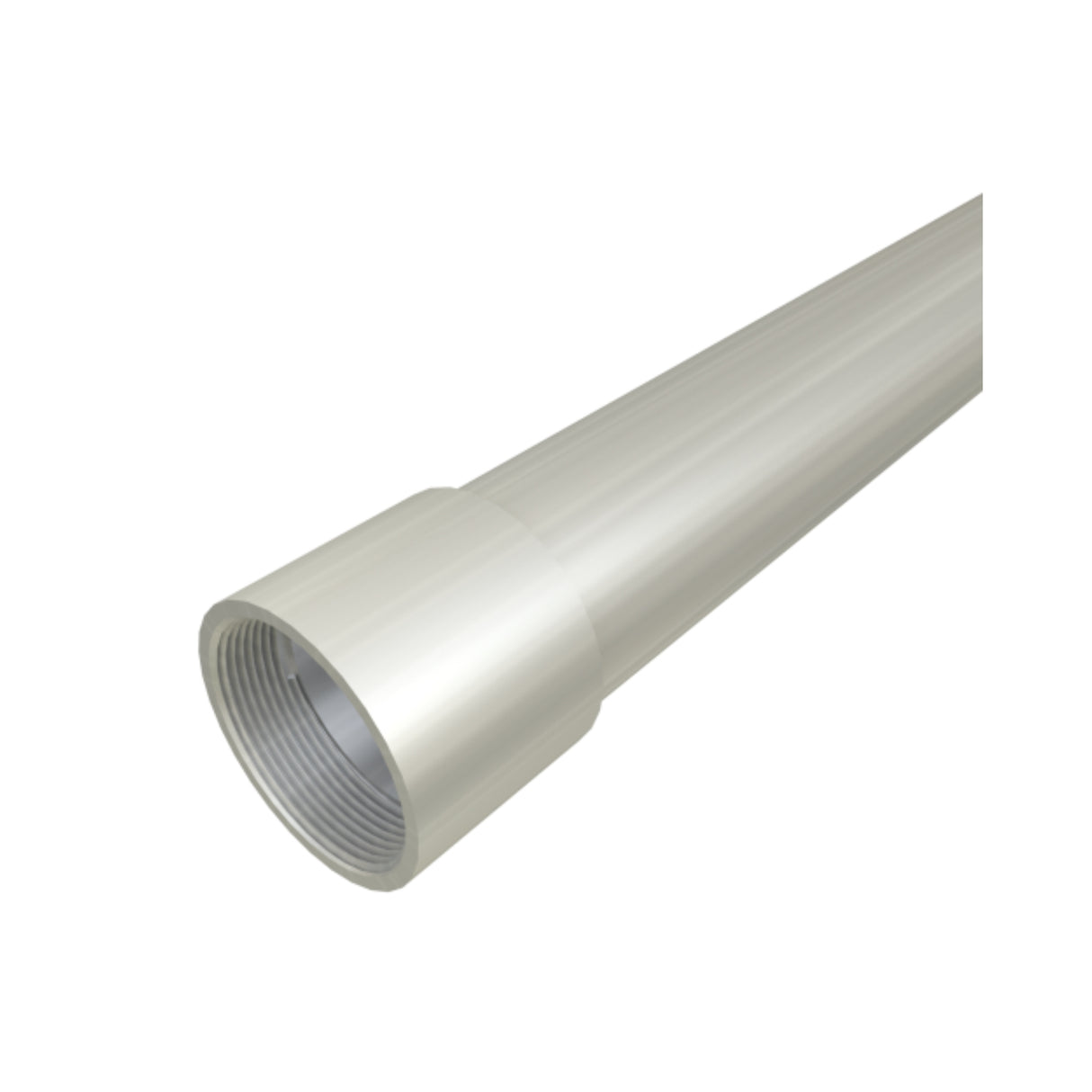 Aluminum rigid conduit showcasing a smooth, metallic finish with threaded ends for secure connections in electrical installations.
