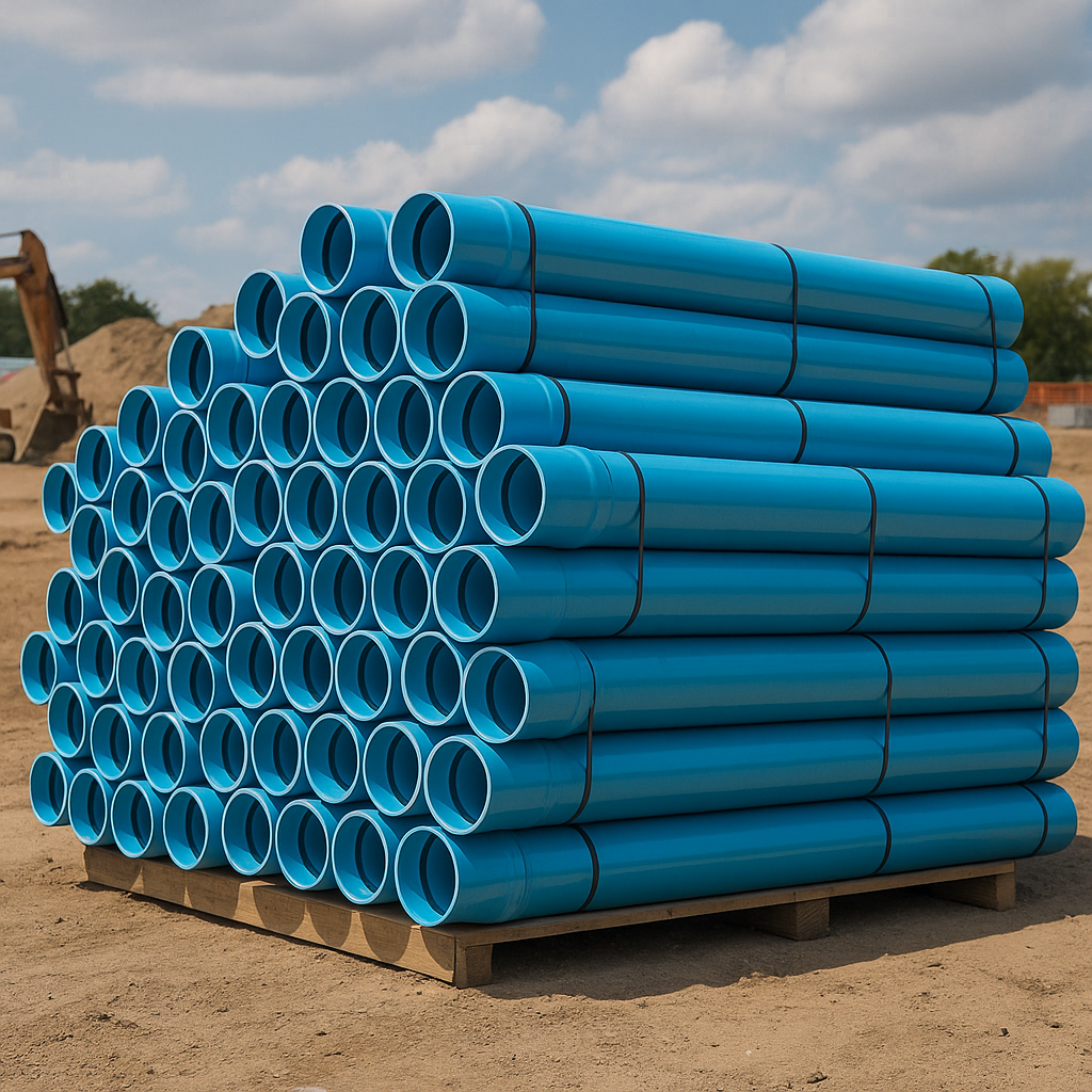 Blue Brute C900 PVC pipe stacked on a pallet, featuring a DR 51 rating and 80 PSI pressure capacity.