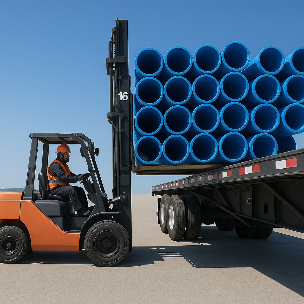 Forklift unloading Blue Brute C900 PVC pipes, DR 51, 80 PSI, 20' length, for underground utility supply.