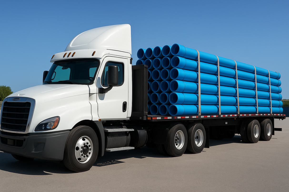 Blue Brute C900 PVC pipe in 20-foot lengths, stacked on a truck, designed for underground utility applications.
