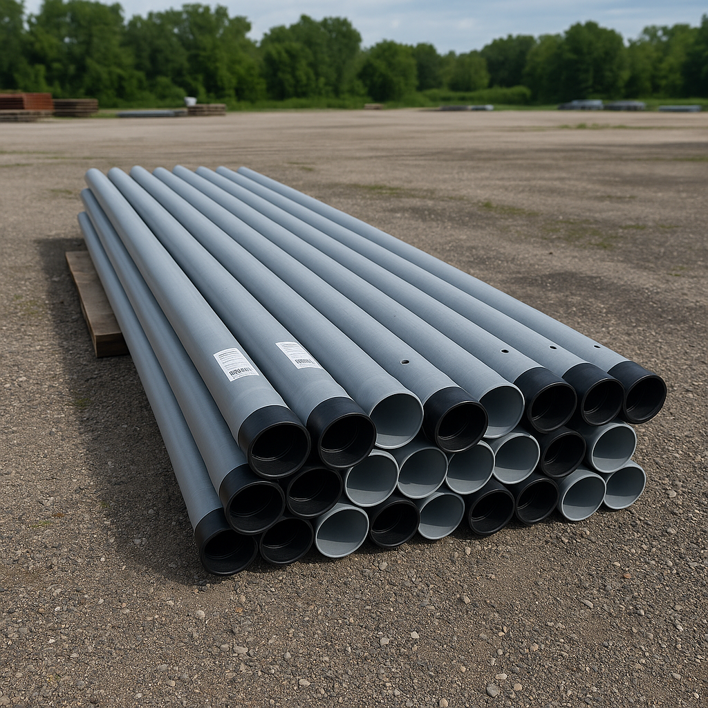 PVC conduit pipes stacked neatly, featuring Bore-Gard trenchless raceway design and Schedule 80 specifications.