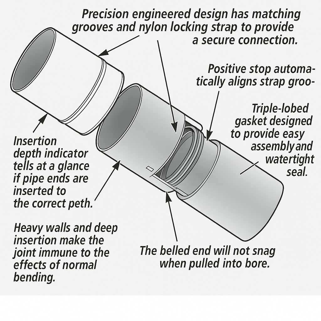 PVC conduit with bell end and locking strap, designed for secure connections and easy assembly in trenchless applications.