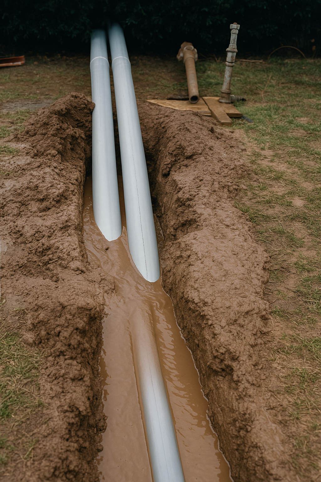 PVC conduit in a trench, showcasing Bore-Gard trenchless raceway with Schedule 80 bell ends, ready for installation.