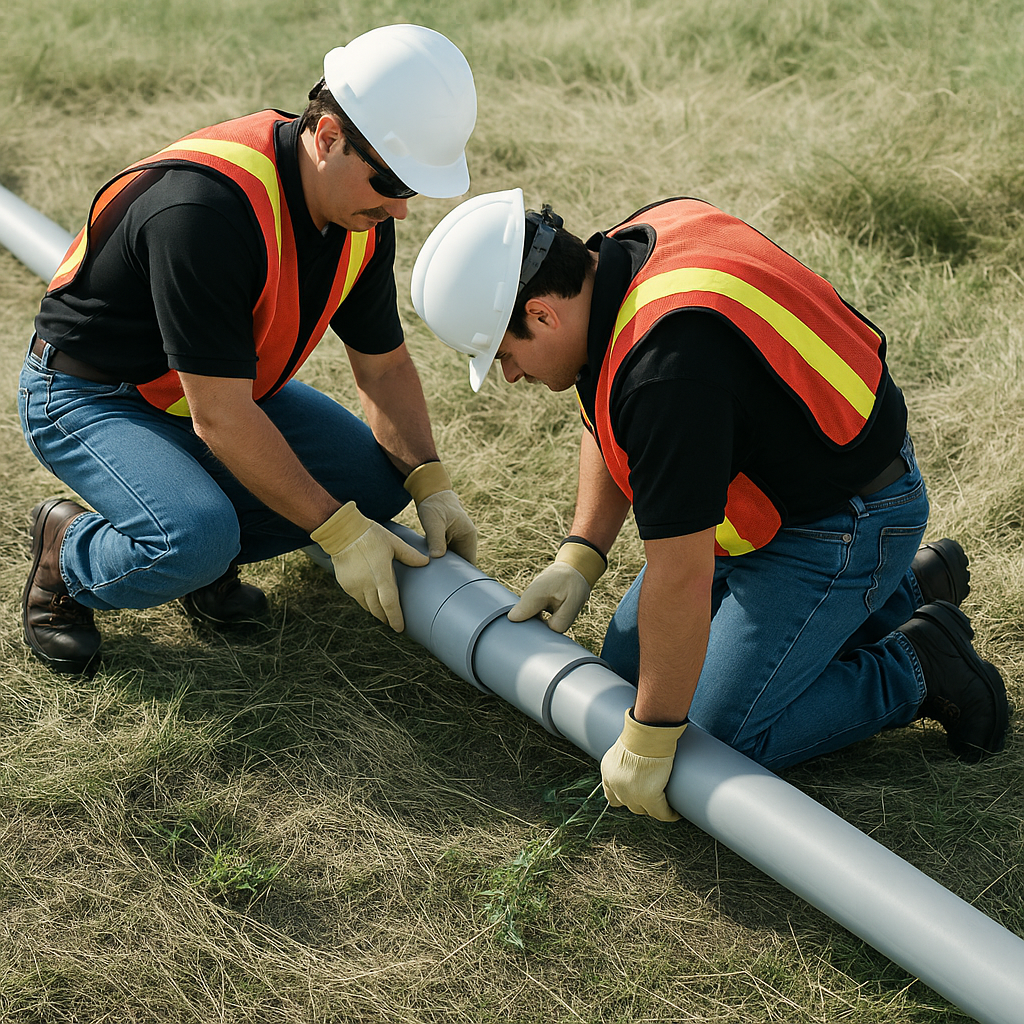 Workers assembling PVC conduit for trenchless installation, showcasing Bore-Gard Schedule 80 with bell end design.