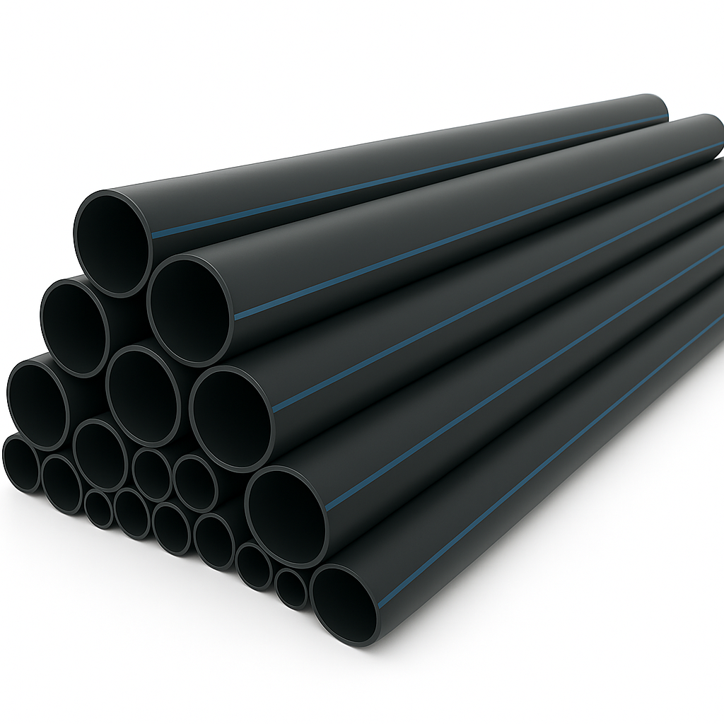HDPE pressure pipes stacked, compliant with AWWA C906, suitable for water and sewer applications.