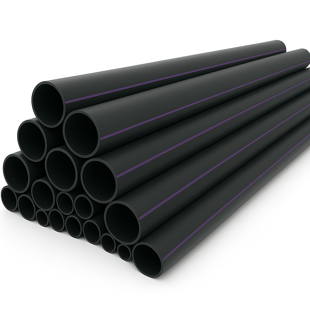 HDPE pressure pipes stacked neatly, compliant with AWWA C906, suitable for water and sewer applications.