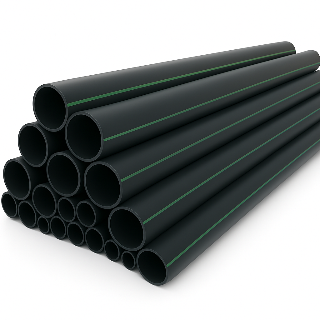 HDPE pressure pipes stacked, compliant with AWWA C906, DR 17, for water and sewer applications, made from PE4710.