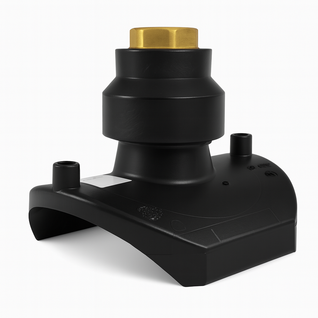 Electrofusion transition saddle with brass female outlet, black PE4710 multi-base saddle body.