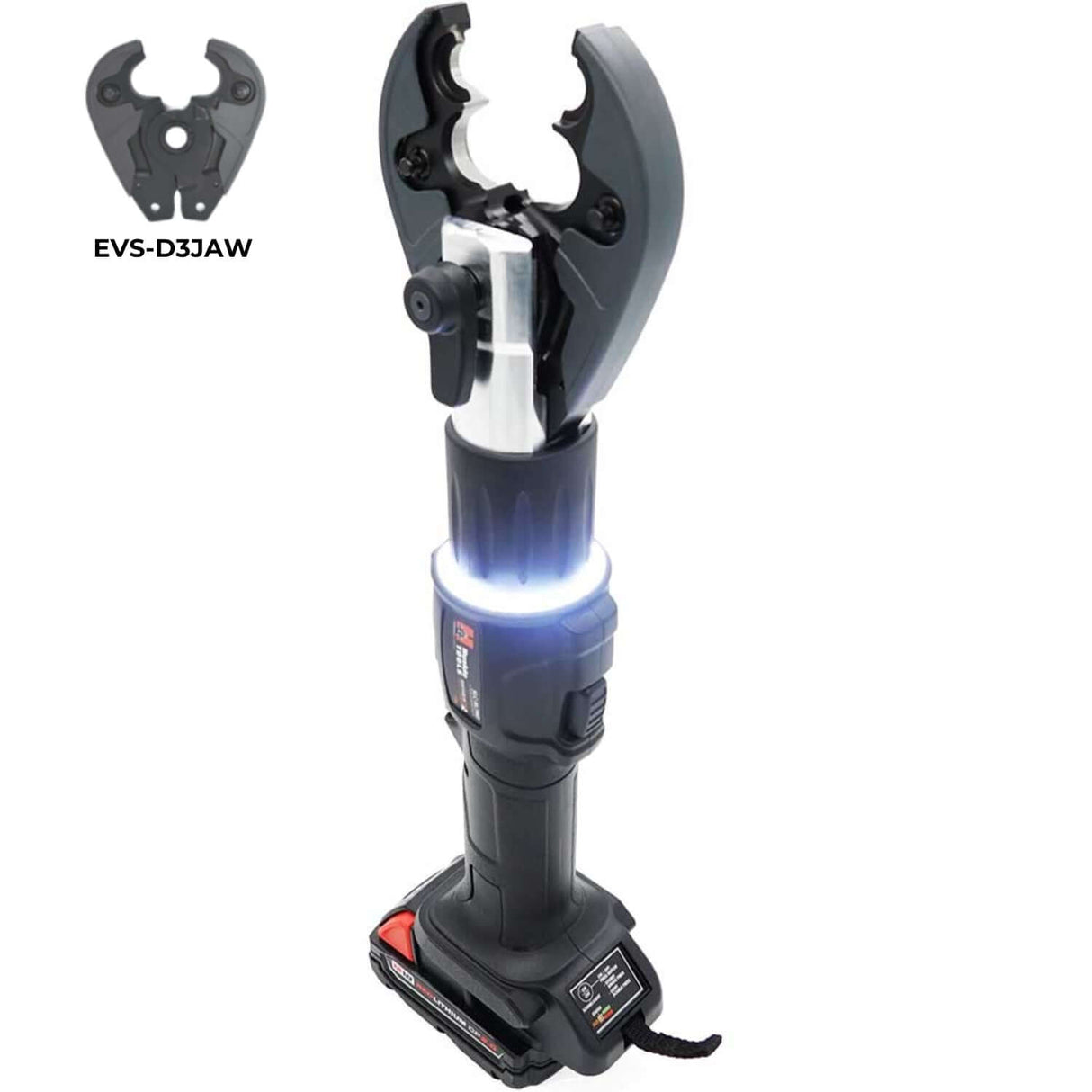 SLC 6 Ton Inline Crimping and Cutting Tool with LED light, featuring interchangeable jaws, compatible with Milwaukee M18.