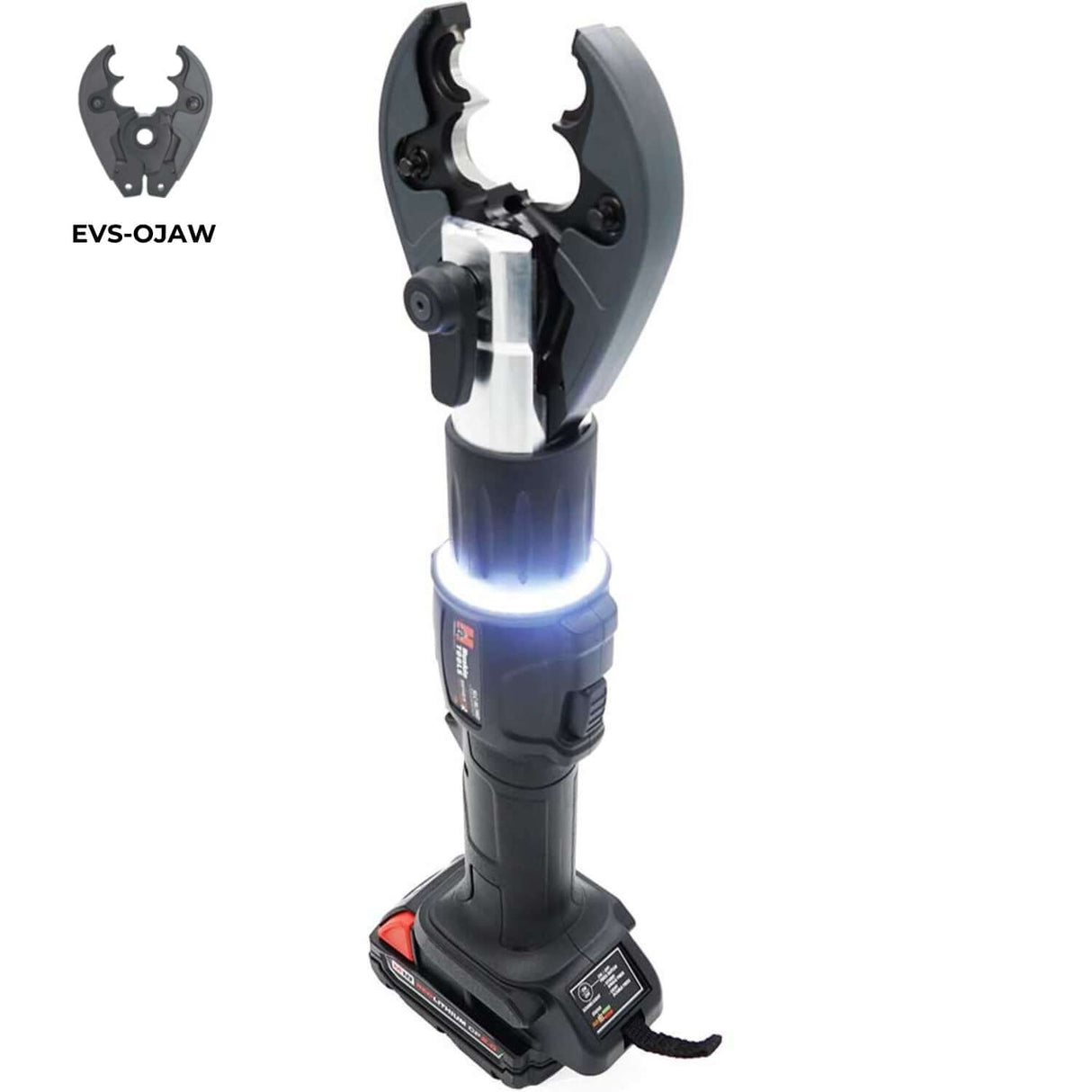 SLC 6 Ton Inline Crimping and Cutting Tool with LED light, featuring interchangeable jaws and Milwaukee M18 compatibility.