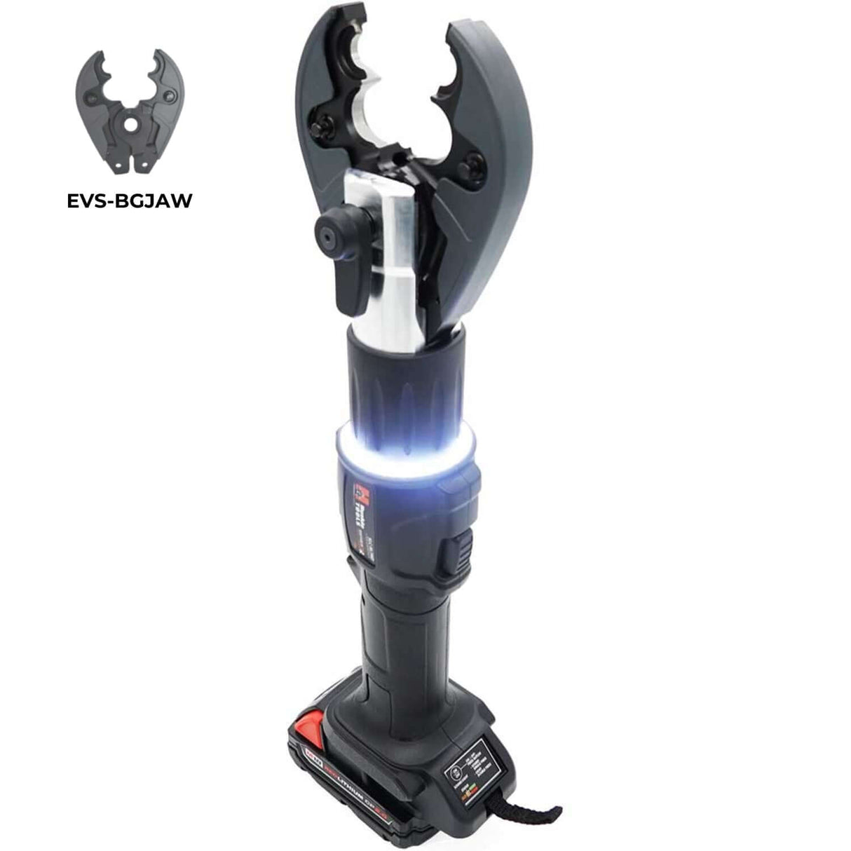 SLC 6 Ton Inline Crimping and Cutting Tool with LED light ring and interchangeable jaws, compatible with Milwaukee M18.