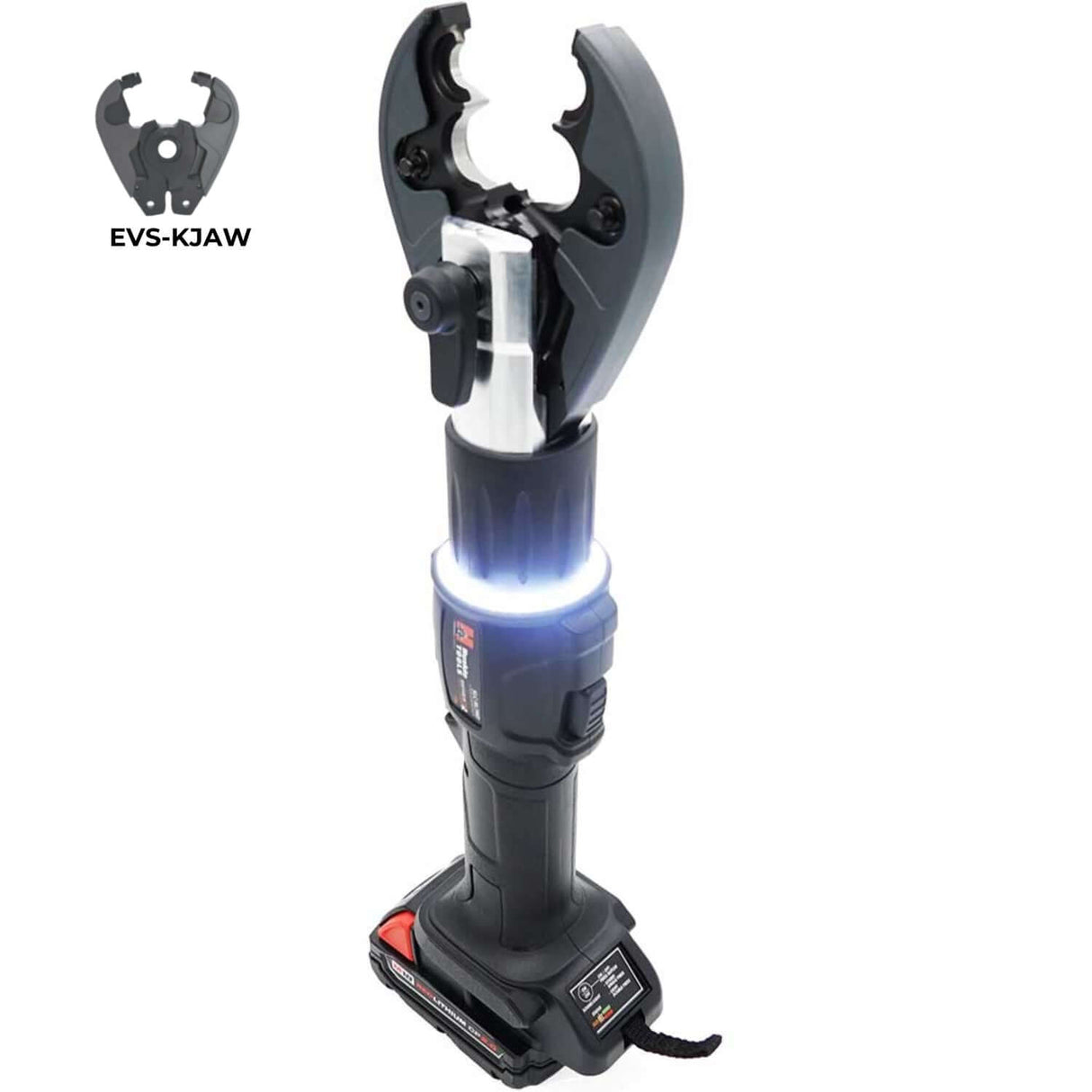 SLC 6 Ton Inline Crimping and Cutting Tool with LED light ring and interchangeable jaws, compatible with Milwaukee M18.