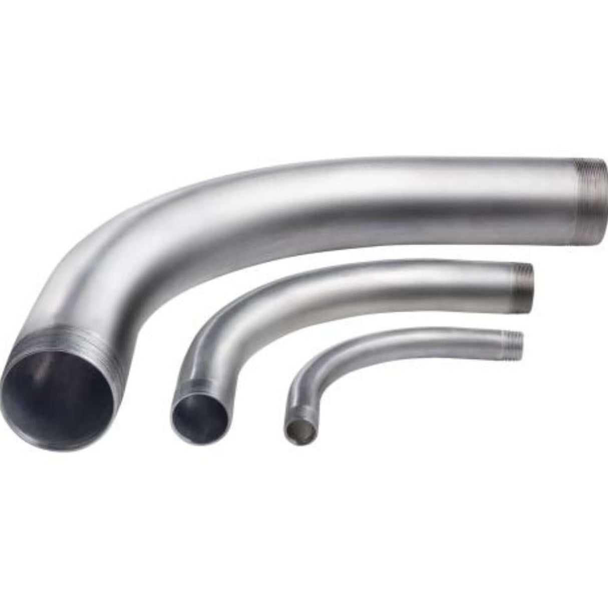 Galvanized rigid steel elbows in 90-degree angles, showcasing three sizes for underground utility applications.