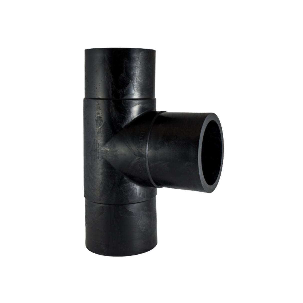 Molded equal tee fitting made of HDPE, SDR 9, rated for 255 PSI, designed for butt fusion in underground utilities.
