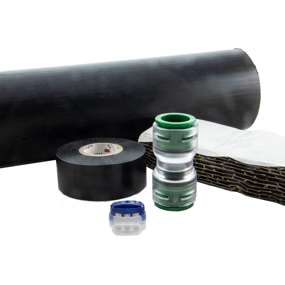 FuturePath splice kit contents - HDPE protective sleeve, straight MicroDuct coupler, 36 ft vinyl electrical tape roll, sealant strips and pinpoint wire connector