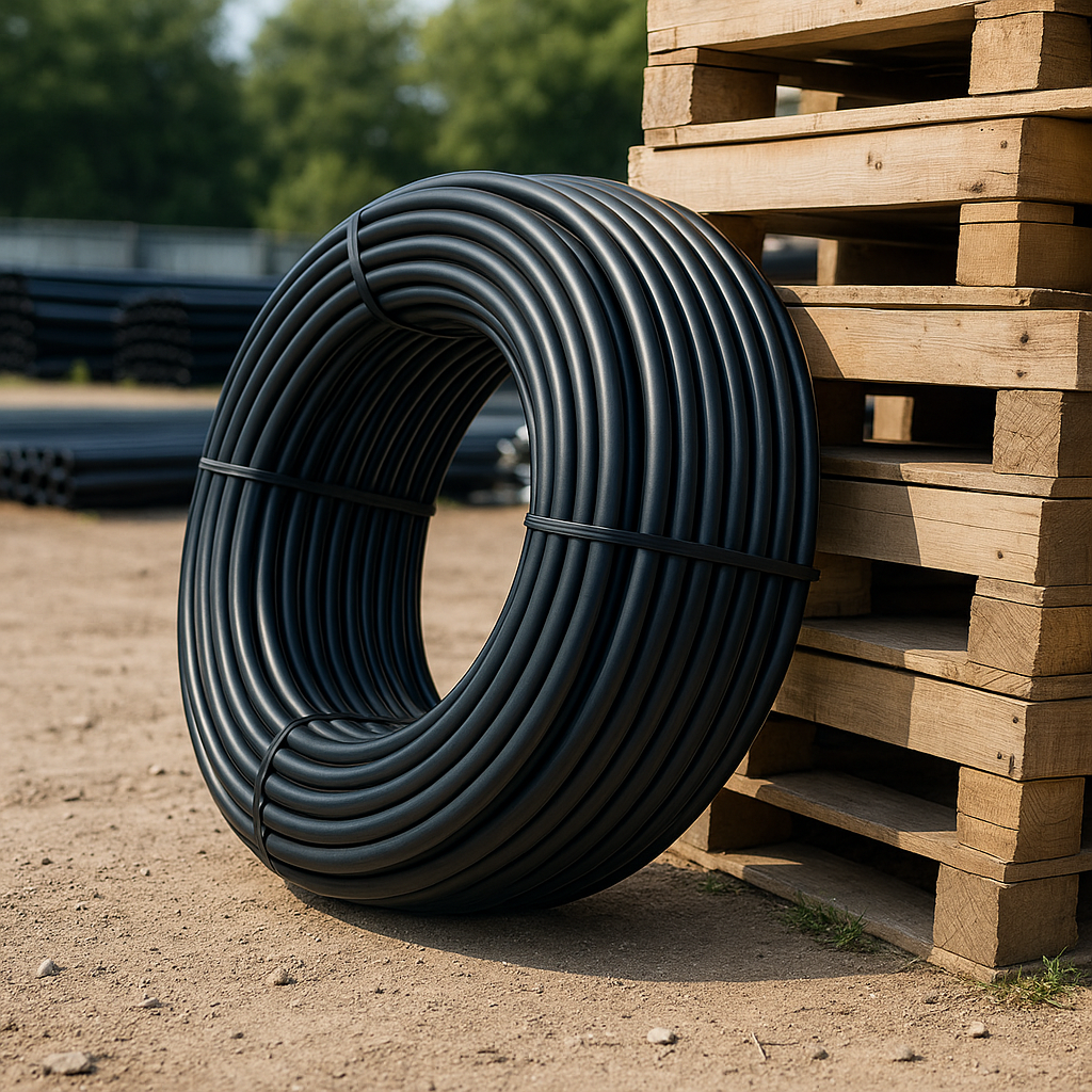 Black HDPE pressure pipe coils stored next to wooden pallets, ideal for potable water systems.