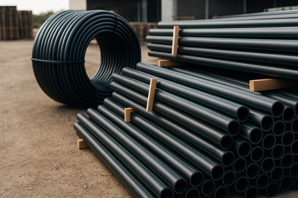HDPE pressure pipe in various lengths, suitable for water and sewer applications, displayed in a storage area.