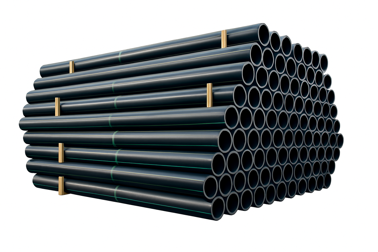 HDPE pressure pipes stacked neatly, compliant with AWWA C906, suitable for water and sewer applications.
