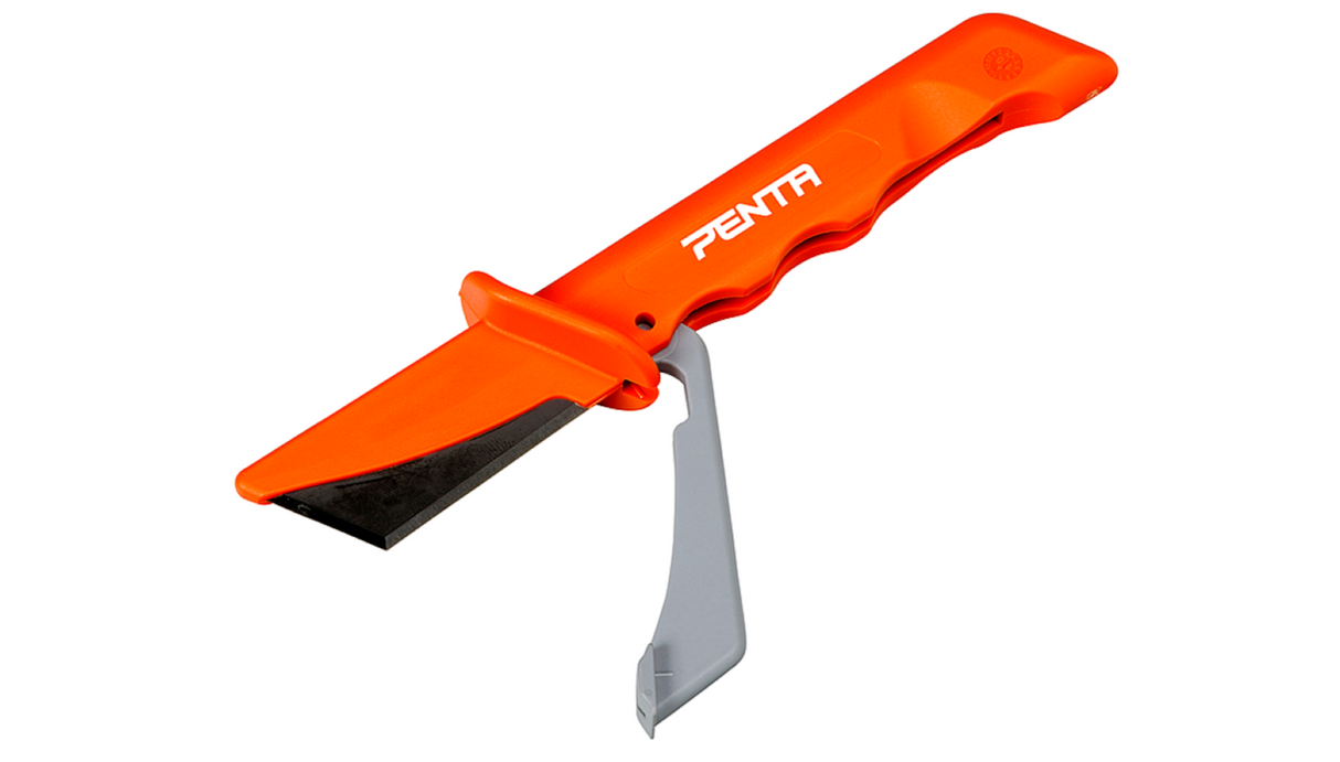 PENTA insulated electrician knife with ceramic and steel blades, featuring a bright orange handle and a utility hook.