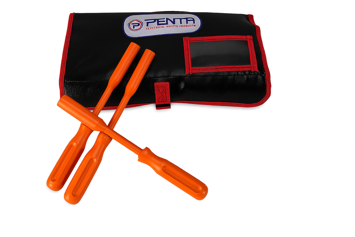 Insulated nut driver tool kit with three orange drivers and a black carrying case, rated for 1000V safety.