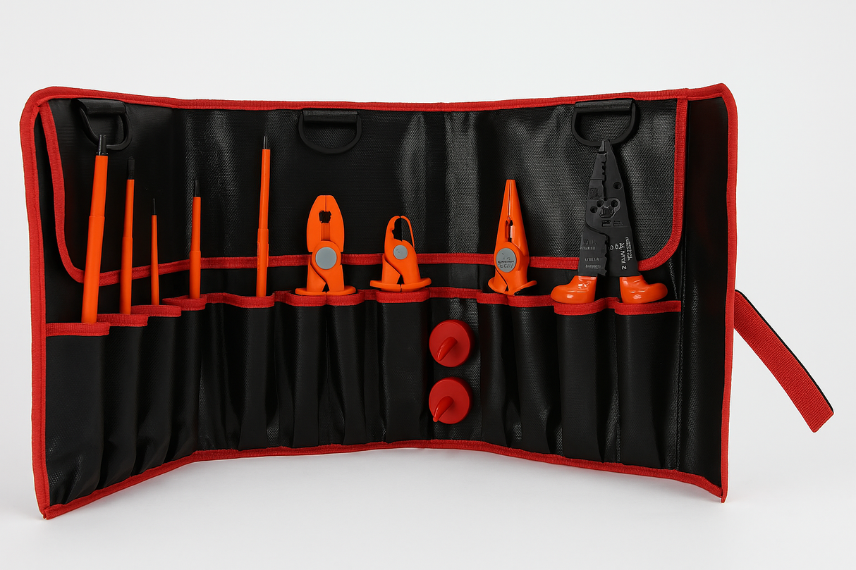 PENTA insulated composite tool kit with nine pieces, including ceramic cutters, organized in a black and red carrying case.