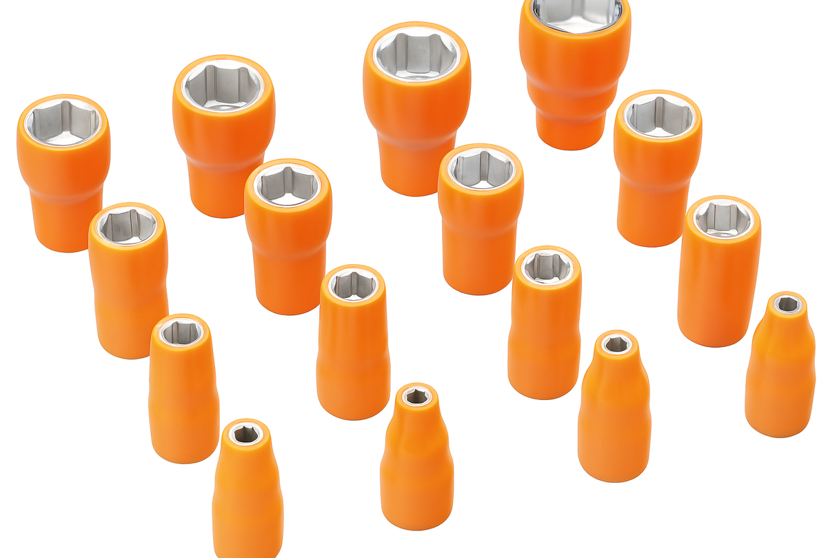 A collection of orange insulated PENTA 12-point sockets in various sizes, designed for 3/8-inch square drives.