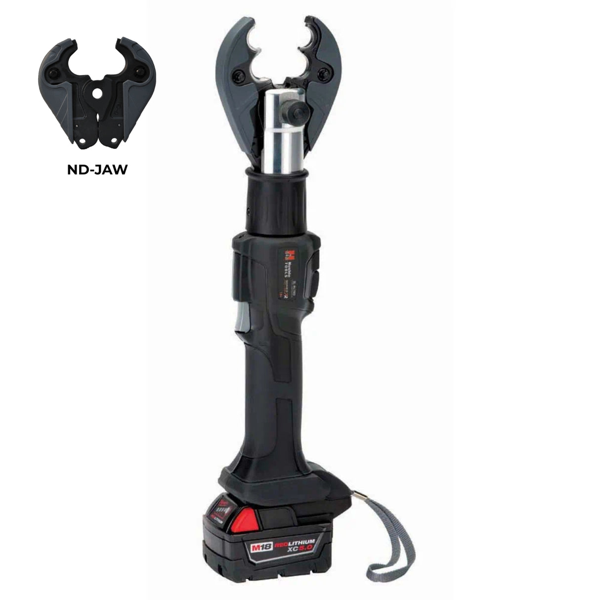 SLC 6 Ton Inline Crimping and Cutting Tool with LED light, interchangeable jaws, and Milwaukee M18 compatibility.