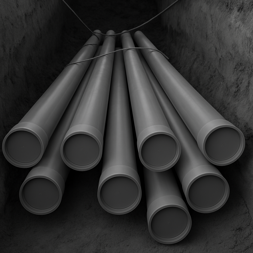 PVC rigid conduit pipes in 10 and 20-foot lengths with bell ends, arranged in a trench for underground utility use.