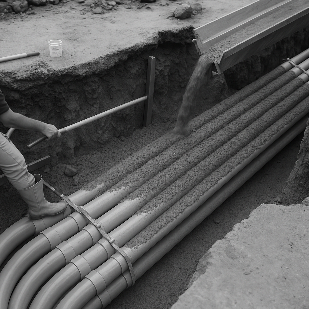 PVC Sweep DB-60 P&C Elbow 30° with bell end installed in a trench, showcasing utility pipe placement for underground projects.