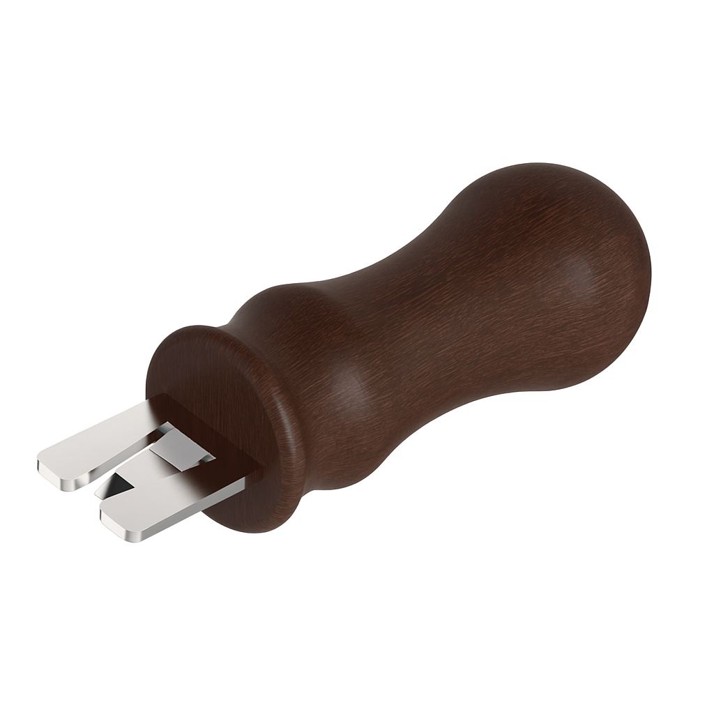 Semi-Con lifter tool with a wooden handle and metal prongs for easy no-tool semicon removal in cable preparation.