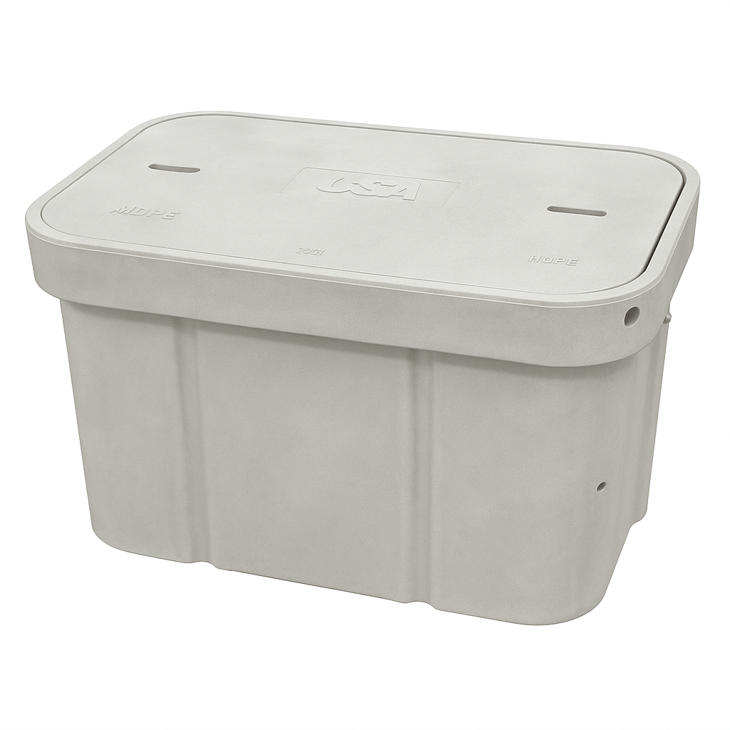 Polymer concrete enclosure with a smooth gray finish, designed for durable underground utility applications.