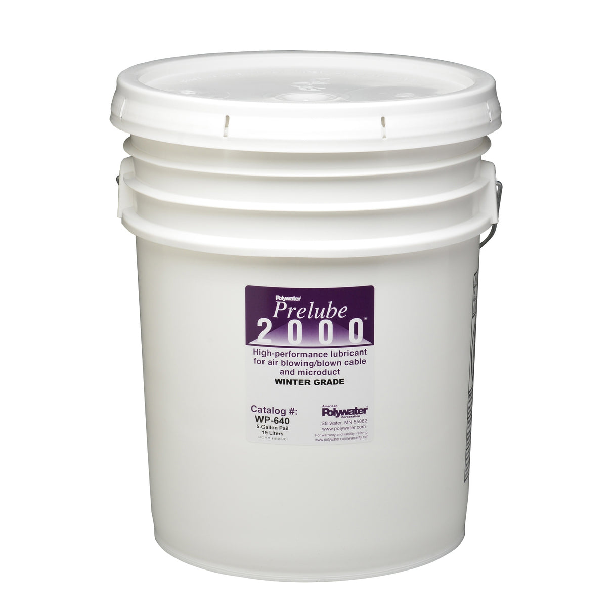 Five-gallon pail of Polywater Prelube 2000 Winter Grade cable-blowing lubricant