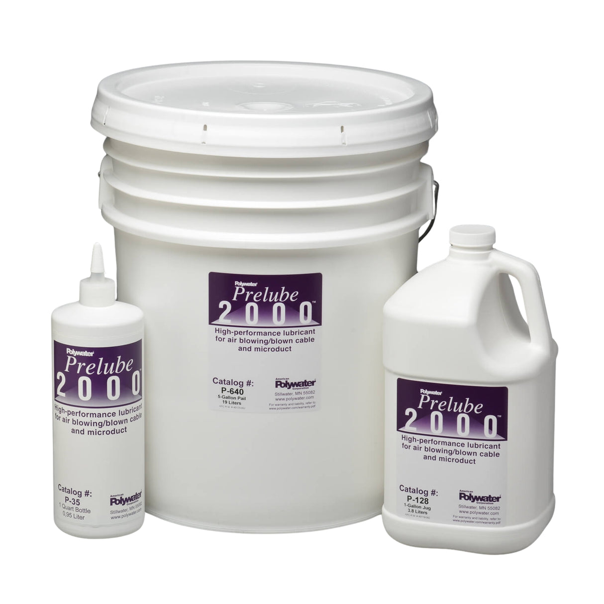 Polywater Prelube 2000 lubricant – full product lineup including 1-quart bottle, 1-gallon jug, and 5-gallon pail.