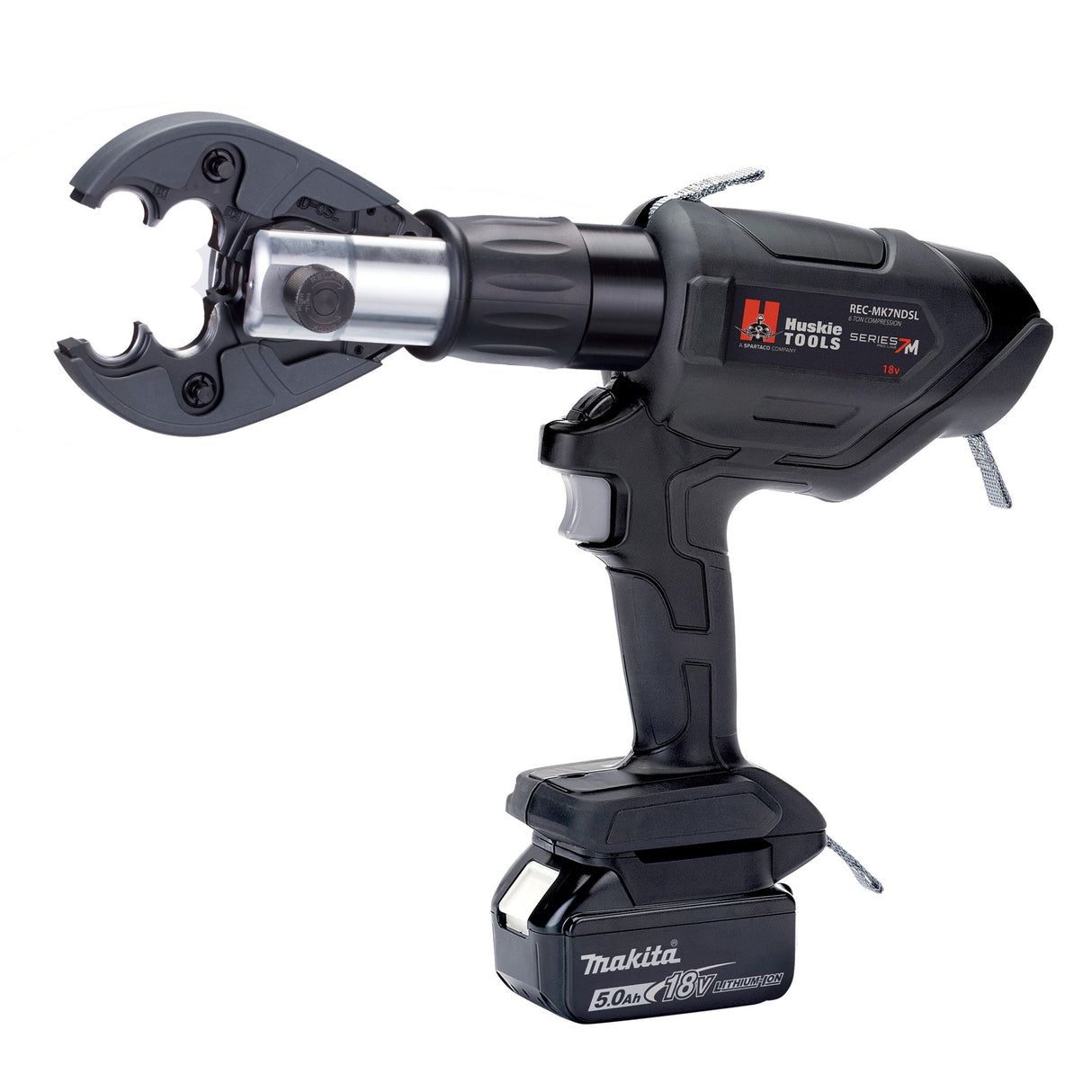 6 Ton Pistol Grip Crimping Tool with changeable head system, compatible with Makita LXT batteries for efficient crimping.