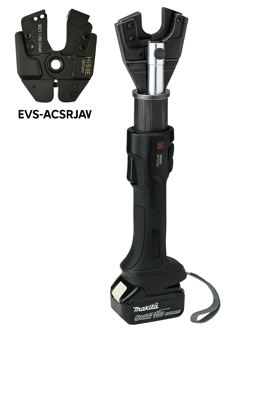 6 Ton inline cutting tool with interchangeable head system, compatible with Makita LXT batteries for versatile utility applications.