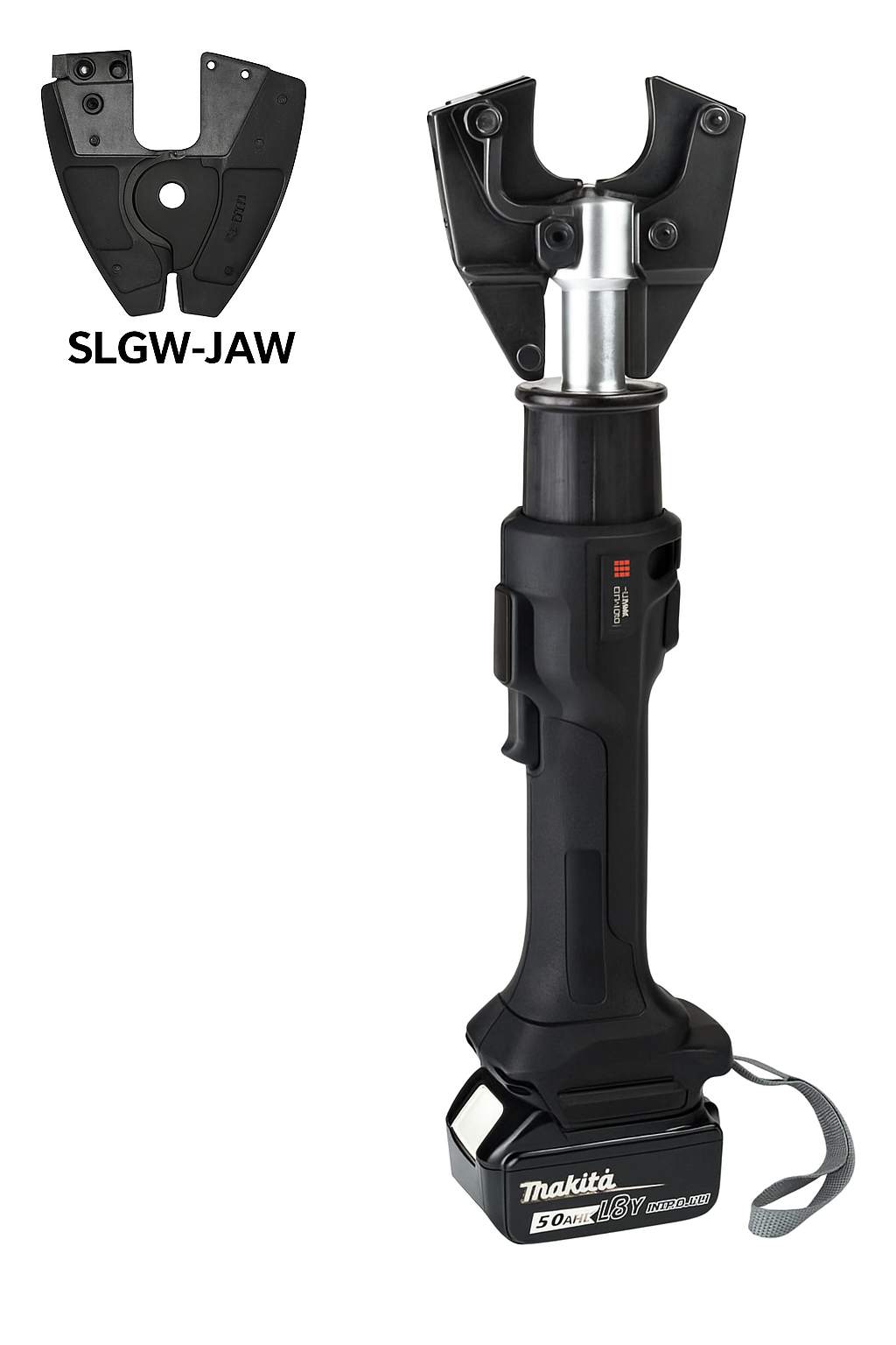 6 ton inline cutting tool with interchangeable head system, compatible with Makita LXT batteries for efficient cutting.