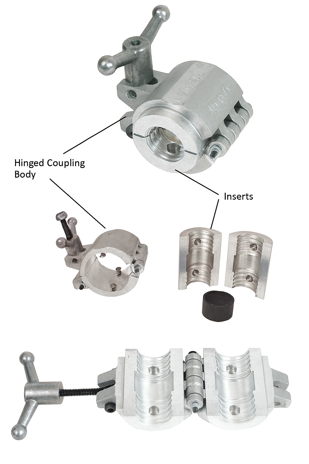 Speed Ball split coupling with hinged innerduct repair fitting components, showcasing the coupling body and inserts.