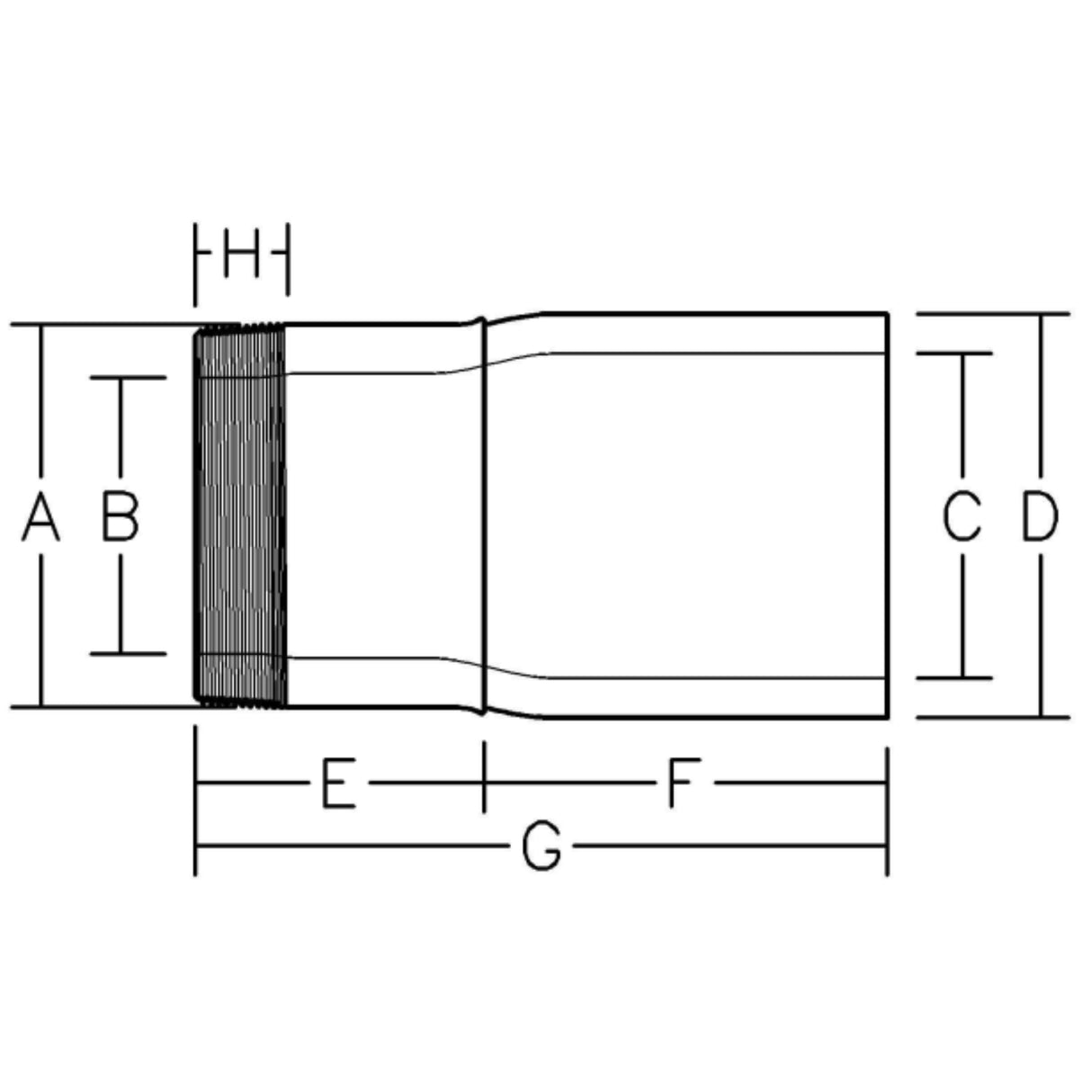 710 Series HDPE transition fitting with male NPT thread, designed for DR 7 DIPS applications, showcasing dimensions.