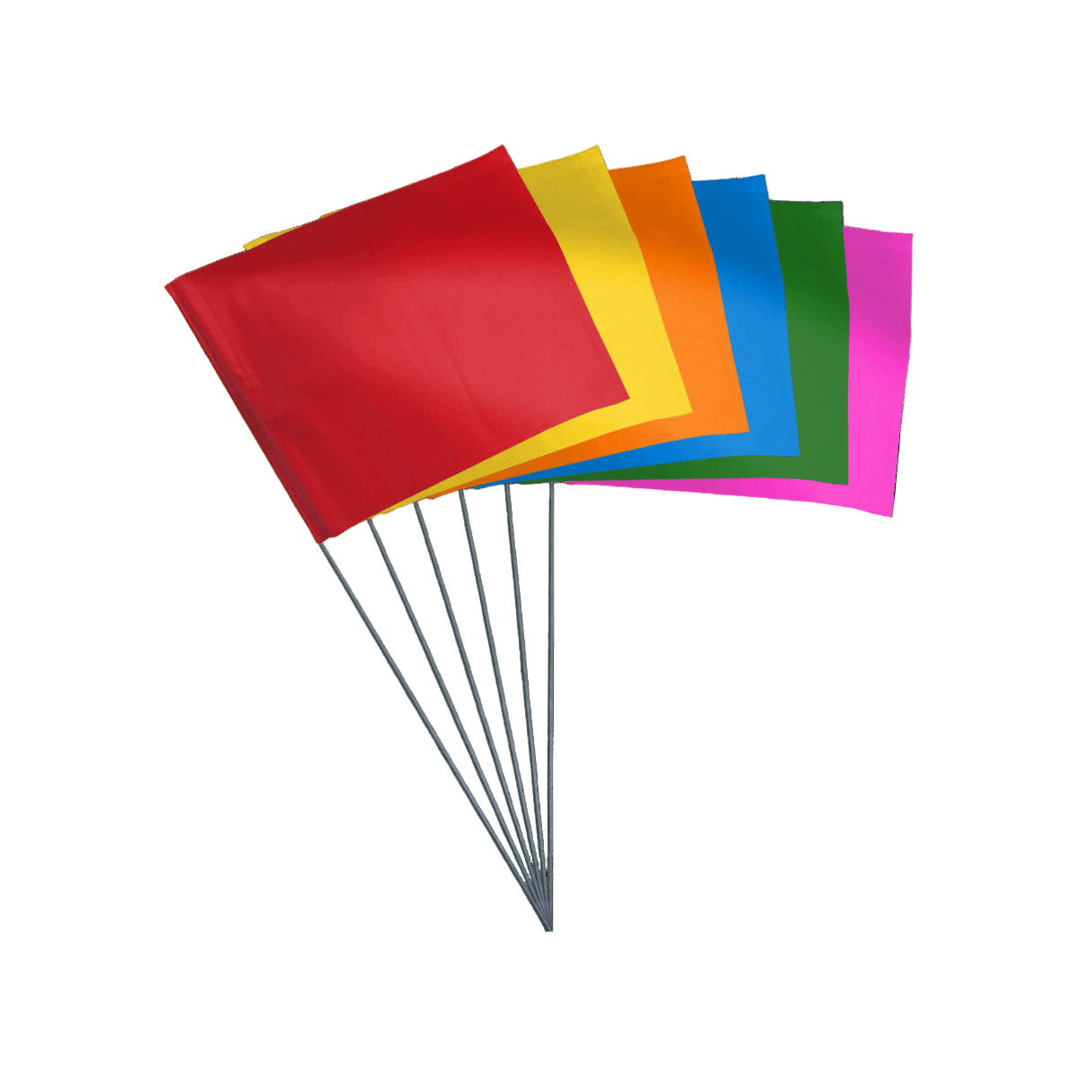 Colorful marking flags on stakes for utility, landscaping, and surveying applications, available in solid and custom options.